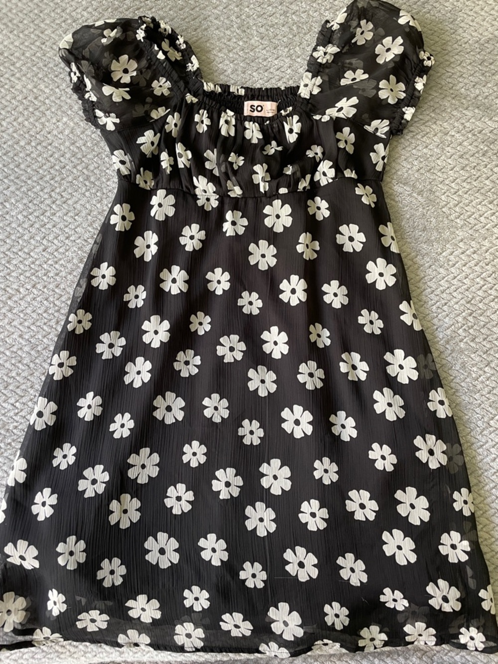 SO Black Dress with White Daisy Print and Puff Sleeves